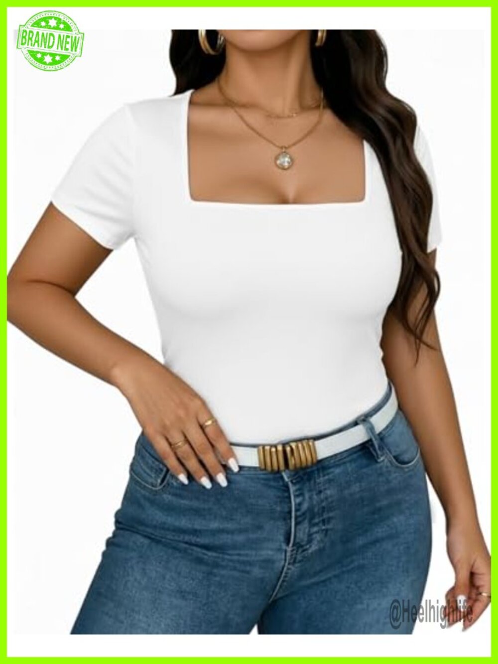 Plus Size Square Neck Short Sleeve T-Shirt Casual Slim Fit Tee - Picture 2 of 7